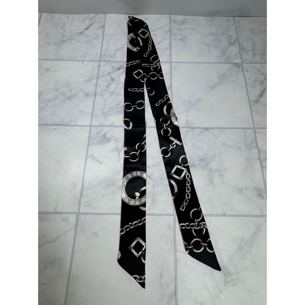 Paris Chain Link Skinny Scarf Black Gold Silver Satin Neck Tie Hair Ribbon NWT